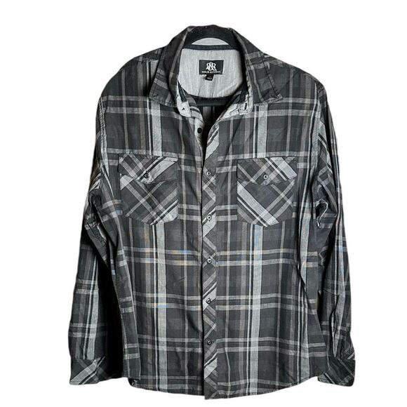 Rock and Republic Other - ROCK AND REPUBLIC LONG SLEEVE BUTTON DOWN SHIRT MENS XL BLACK GRAY PLAID